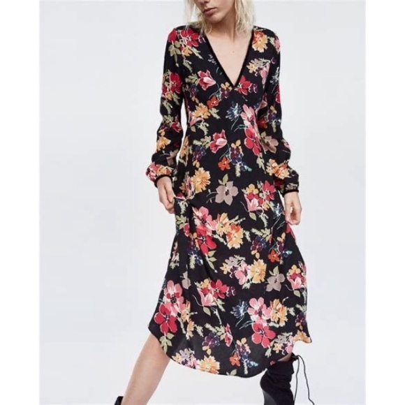 ZARA Floral Velvet Trim Midi Dress - Picture 1 of 7